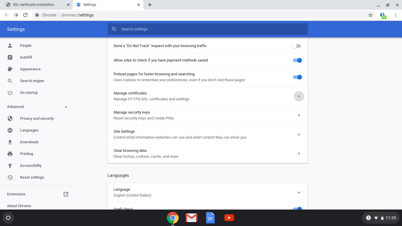 Chrome Settings page